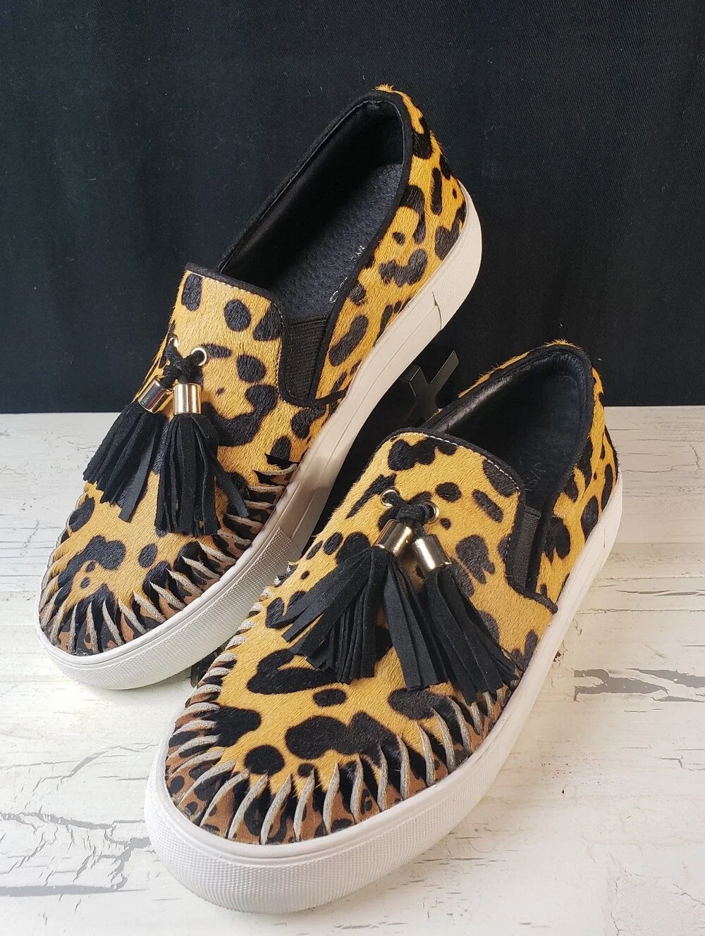 J/Slides NYC Aztec Leopard Print Calf Hair Slip-On Platform Sneakers - size 7.5